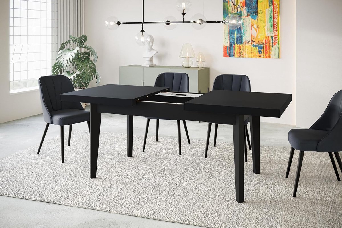 Rechthoekige Uitschuifbare Eettafel 140–180x80x78 cm Zwart – Moderne Scandinavische Eetkamertafel met Houten Poten – Ruimtebesparende Woonkamertafel – HuisMeubelHome