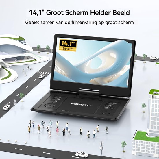 POFOTO 15.7" draagbare dvd-speler - met 14" groot HD-scherm - 6 uur oplaadbare batterij - ondersteuning voor USB/SD-kaart/Sync TV en meerdere schijfformaten - luidspreker met hoog volume - zwart — afbeelding 2