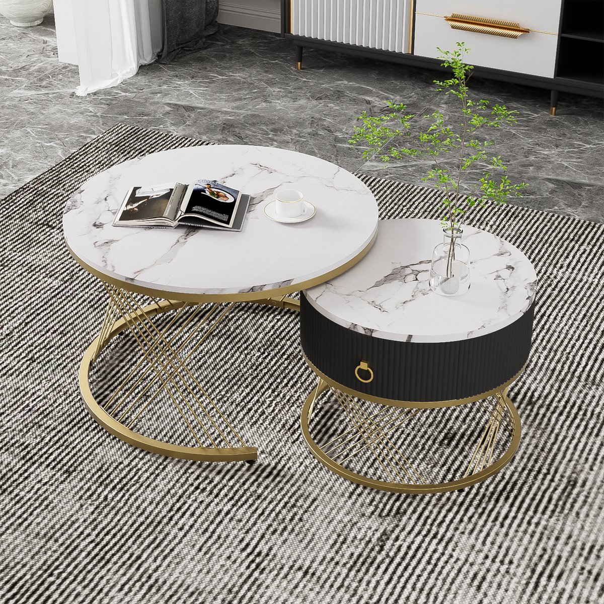 MIVRAY Salontafelset - Nestbaar Met Lade En Marmerlook - Flexibel Voor Woonkamer En Zithoek - MDF Metaal - Wit Goud - 70x70x45 Zwart