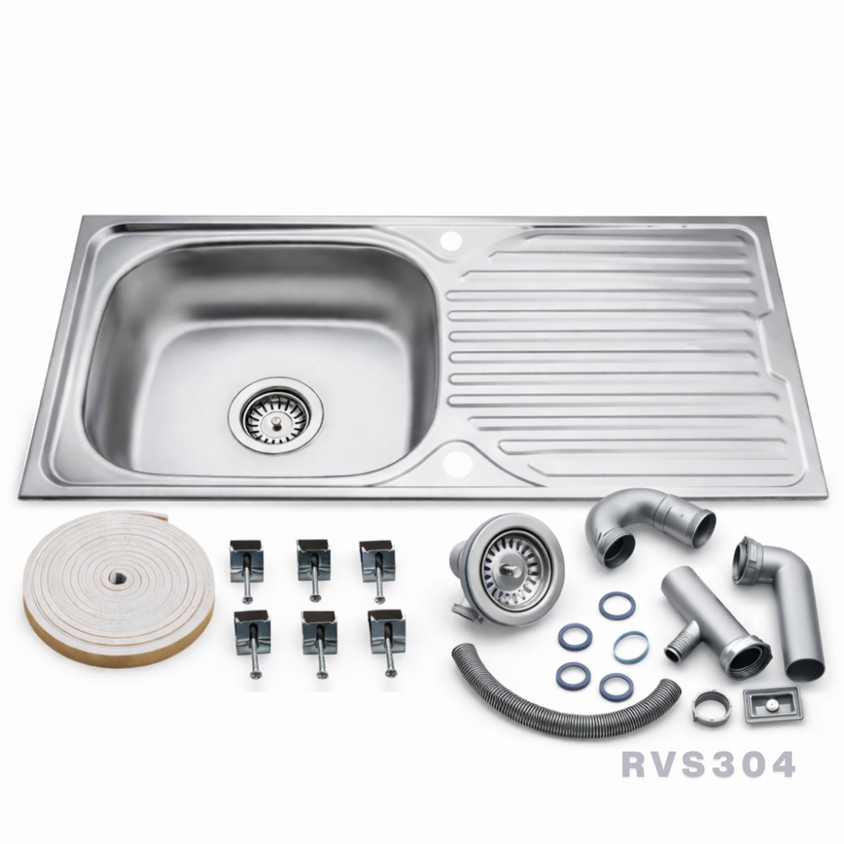Spoelbak Keuken 86x43,5cm RVS 304 – Wasbak Keuken - Spoelbakken Keuken – met Kraangat - Met Druiprek en Sifon
