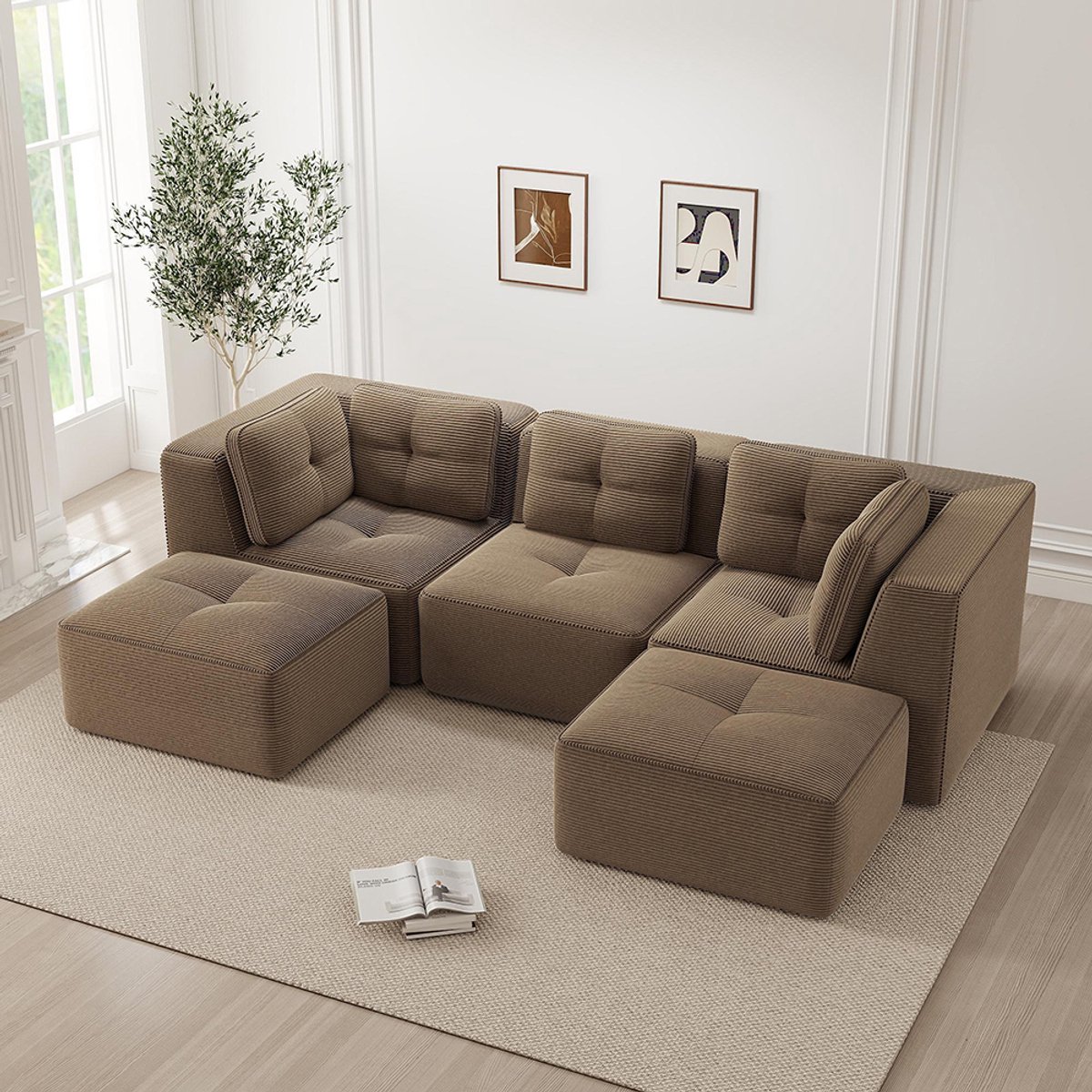 KOMHTOM BLACKCOLORS Modulaire hoekbank zonder frame in U-vorm, sectionele bank met chaise longue, geschikt voor de woonkamer, 3-zits bank met touwbekleding en diepe zitting, geen montage nodig, bruin