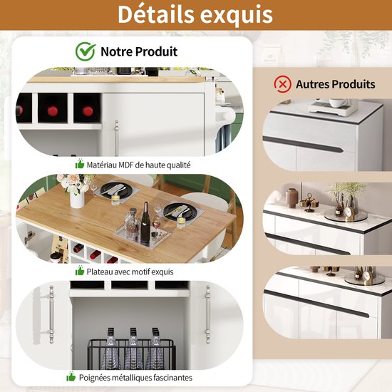 Details: Keukenkast met houten blad, metalen handgrepen en wijnrek. Tegenoverliggende producten tonen andere kasten.