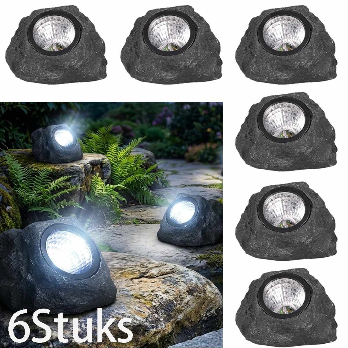 Meedeer (6 stuks) Solar Grondspots-Wit-gesimuleerd gesteente-Geen montage vereist-4LED lichtkralen-Zonne-decoratie Lamp-6-12 uur in de grond verlichting -Tuin Staak Licht-Grondverlichting-Zonne-verlichting Buiten Grond Pad Lichten Zonne-terras