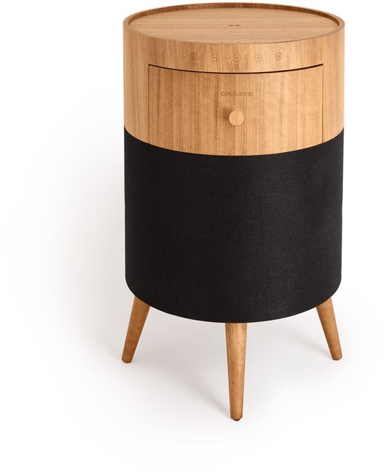 Luidsprekertafel met subwoofer, bluetooth 5.0, draadloze oplader, opberglade en LED-lamp, 65W RMS