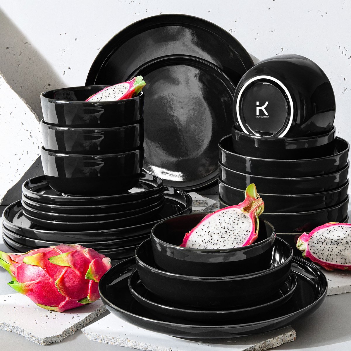 KONSIMO® VICTO - 24 delig - 6 persoons - Keramiek - Dessertbord, Diepbord, Kom, Dinerbord - Zwart