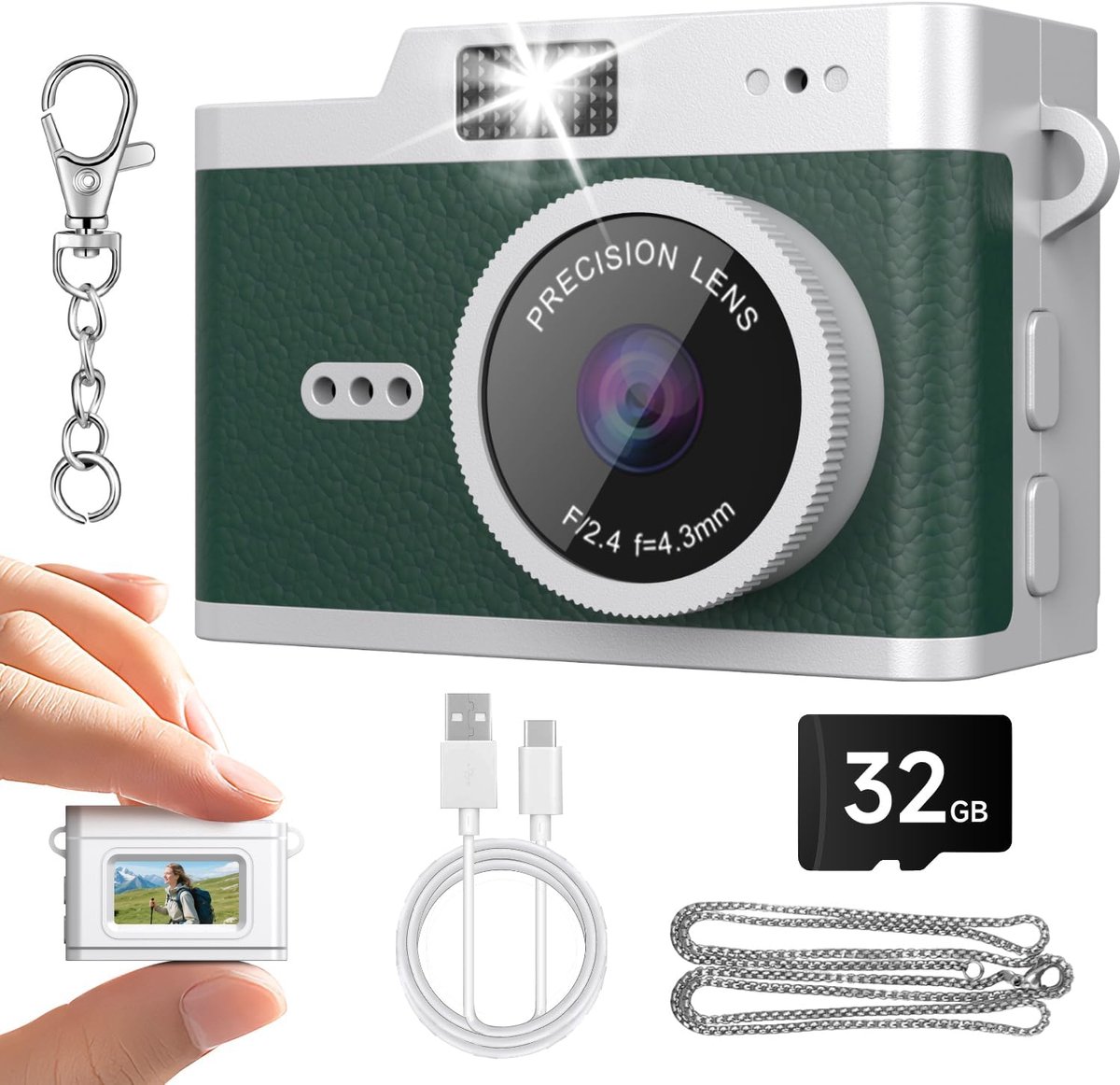 Retro Mini Camera - 1080P Full HD - Inclusief 32GB SD Kaart - Groen - Met Scherm Digitale Fotocamera Klein - Vintage Vlogcamera - Kindercamera - Action Cam Mini - Keychain Camera - Cadeau Tip