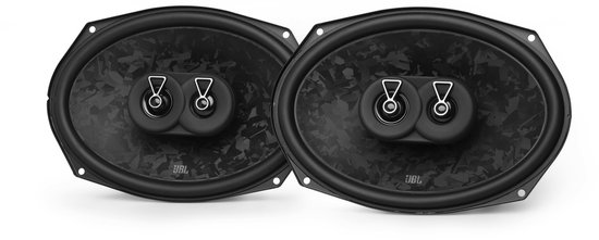 Een paar zwarte JBL ovale luidsprekers met gevlamd patroon en dubbele tweeters.