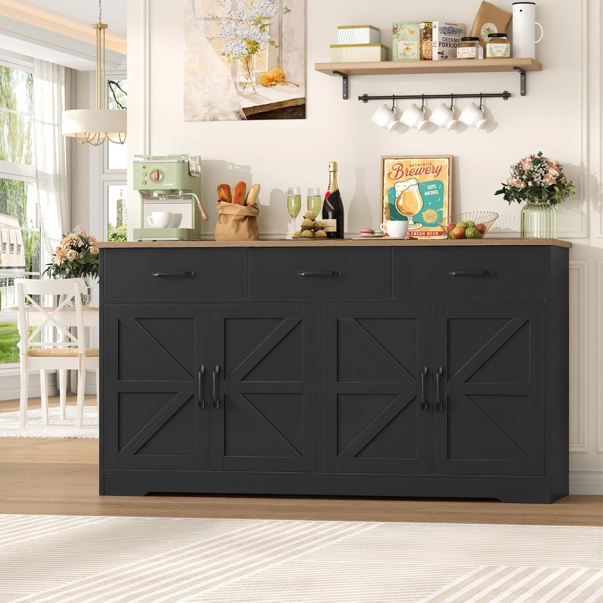 Modern Farmhouse Buffetkast met 4 Deuren en 3 Laden (150x38,5x81,5 cm)