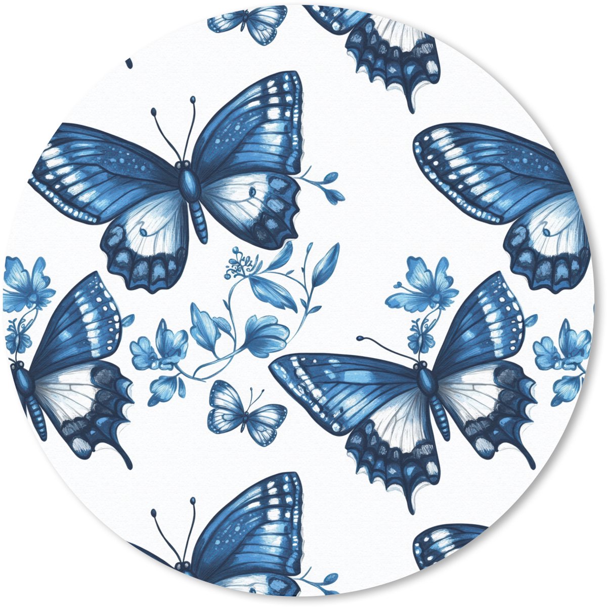 Muismat rond 20x20 cm - Mousepad Blauw - Vlinders - Bloemen - Wit - Ronde muismatten