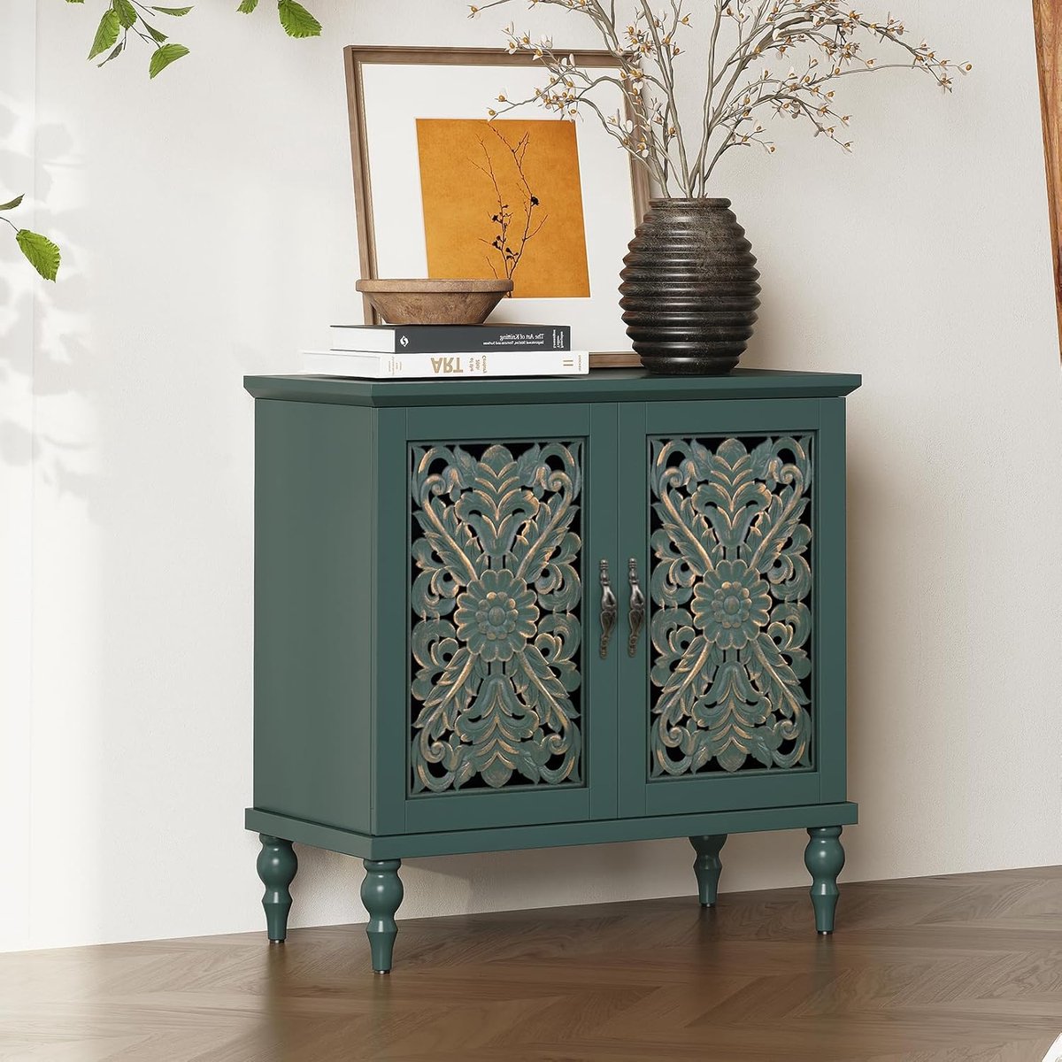 Dressoir 80x80x40 cm – Vintage Groene Buffetkast met Bloemensnijwerk – Houten Commode met Deuren – Landelijke & Klassieke Opbergkast – Urbanhome