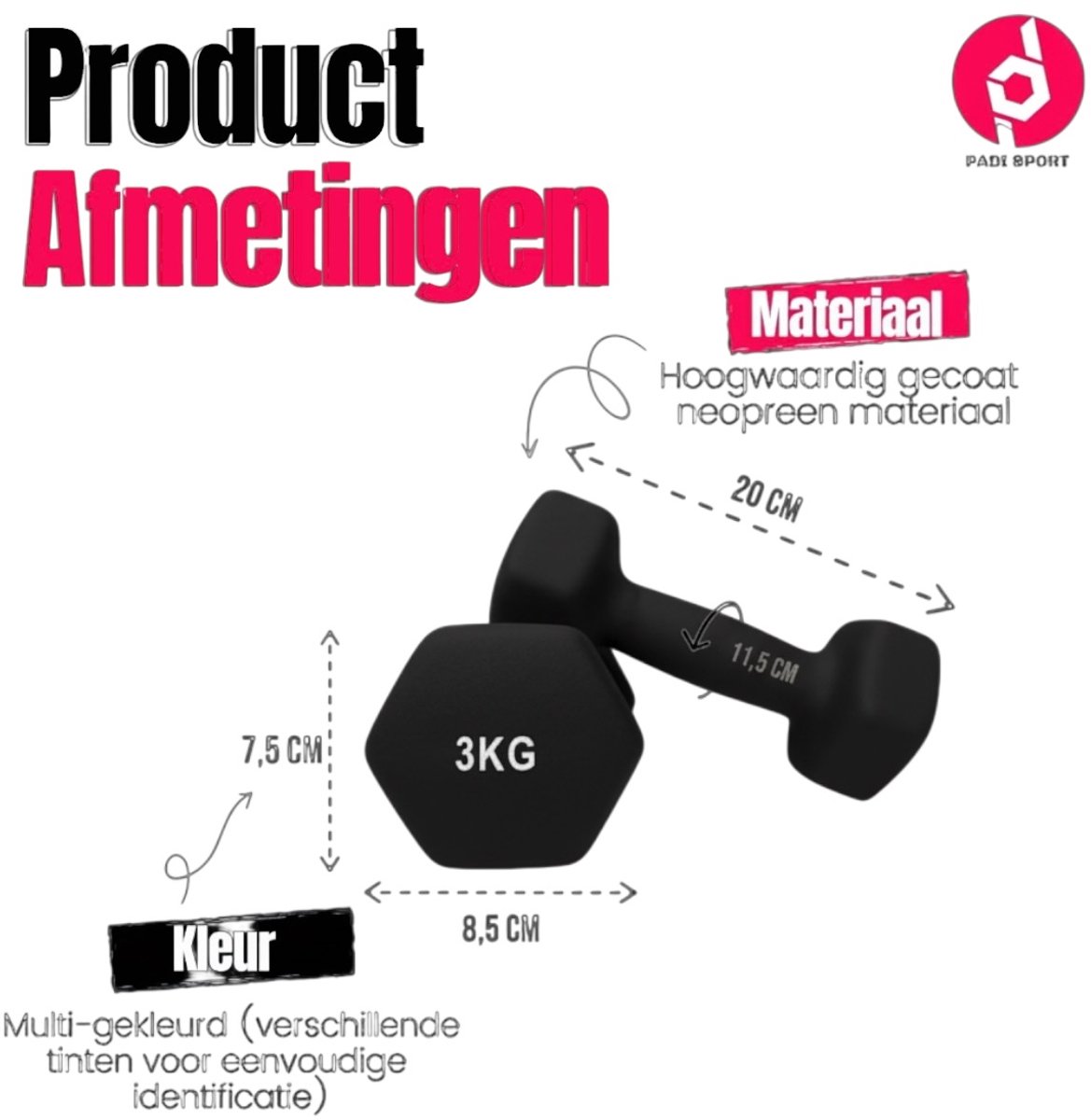 Padisport Dumbells Zwart - 3kg Dumbells - Gewichten Voor Thuis - Handgewichten - Halter - Gewichten – foto 2
