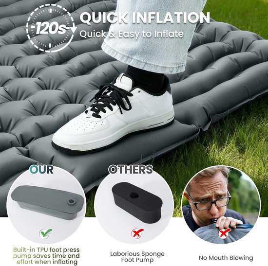 Camping Matras met Ingebouwde Voetpomp voor 2 Persoons - Opvouwbaar Matras - Vouwmatras - Camping Matje - Slaapmat - Logeer Matras - Luchtmatras - Kampeer Matras - Camping Bedje - Polyester - 200 x 140 x 10 cm - Grijs - van Imperatoris van Camping — afbeelding 3