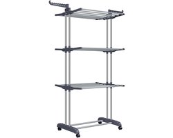 ELYSIVM Wasrek - Droogrek - Droogrek op wielen - Wasrek Toren - Droogtoren 4 Niveaus - Opvouwbare Vleugels met 360° Haken - Verplaatsbaar en Vast Te Zetten - Tot 35 kg - 64 x 126 x 172 cm - Grijs