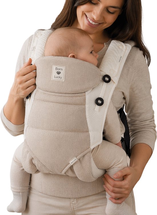 Born Lucky Draagzak Baby – Verstelbaar 4 tot 36 Maanden – Buik en Rugdrager – Inclusief Zonnenkap – Taupe