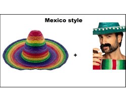 1x Sombrero Fiesta Rainbow + 1x Snor Mexican zwart - Mexico tropical festival themafeest party zon zee beach