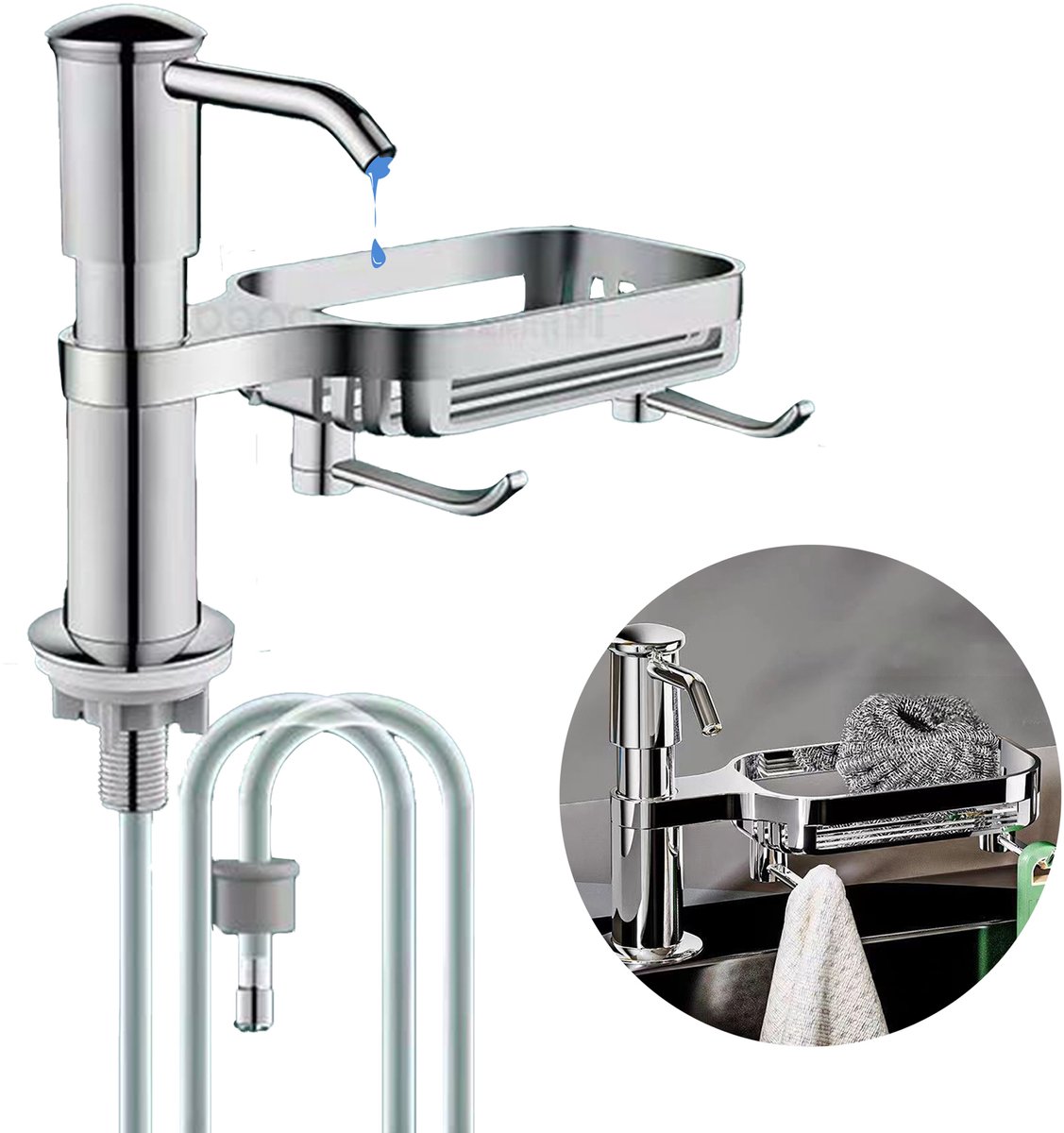 CHIWIN Zeepdispenser voor Keuken - Afwasmiddel dispenser met 360° Draaiend Opbergmandje - 101 cm Slang - Inbouw Zeepdispenser voor Gootsteen - Met Terugslagklep - Zilver