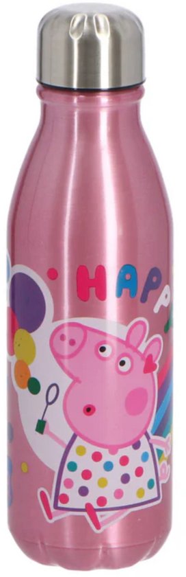 Bouteille Peppa Pig rose avec Peppa, des ballons, un arc-en-ciel et le texte "HAPPY".