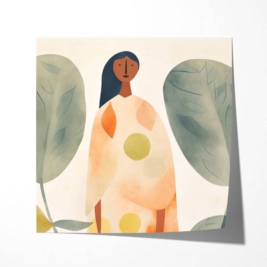 Femme Aux Feuilles En - Poster 50x50 cm carré Décoration murale atmosphérique pour salon et chambre à coucher - Papier premium - Sans cadre