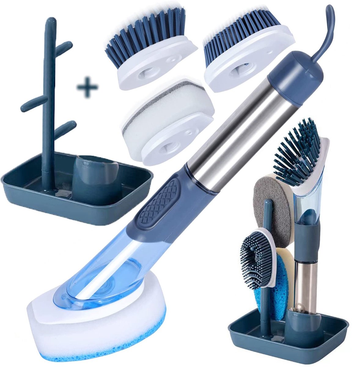 Store_9 - Zeep Dispenserende Afwasborstel - Afwas Borstel Keuken - Met vervangbare koppen - Blauw - Handige zeepbediening - Geschikt voor glas en t...