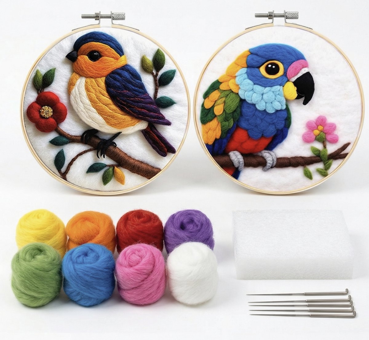 Naaldvilten 2-in-1 Compleet Pakket Vogels | 2 Cirkels van ⌀ 20cm incl. alle tools | Naaldvilt Needle felting pakket | Starterset Starterspakket Wolvilten Wol Vilten | Naald Vilt set
