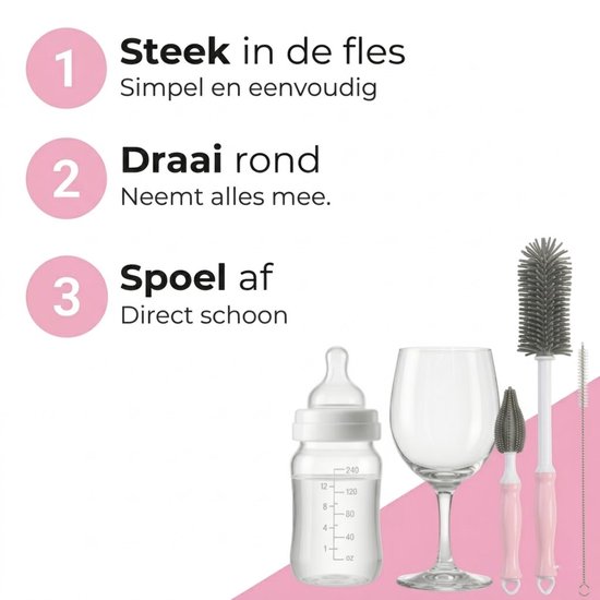 Flessenborstel Baby Siliconen – 3-delige Set – Roze – Flessenreiniger / Fles Borstel – Babyflessen & Zuigflessen – BPA-vrij - Flesvoedingsaccessoires — afbeelding 3