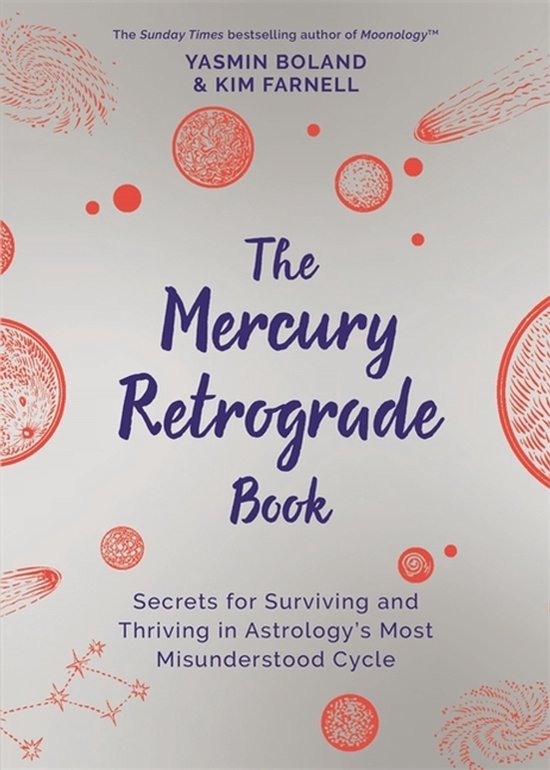 Boek 'The Mercury Retrograde Book' met zilveren achtergrond en rode illustraties van planeten en kometen. Titel in donkerblauw.