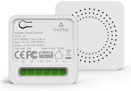 Navid Matter Slimme Schakelaar 16A – WiFi Inbouw Smart Switch – Mini Relay – Werkt met Google Home, Alexa & Apple HomeKit (via Hub) – Tuya App