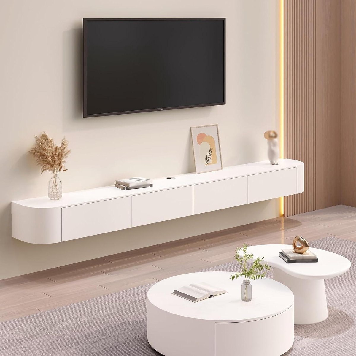 Zwevend TV Meubel - Wandkast TV Lowboard - Opbergen Woonkamer - Massief Houten Constructie - 140 cm - Wit