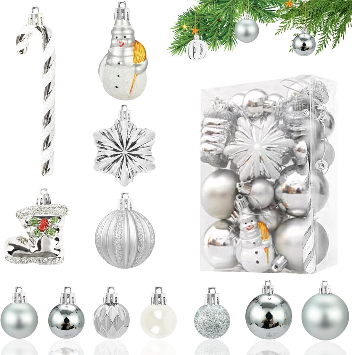 Set 34 stuks kerstballen kunstkerstballen zilver wit kunststof kerstboomversiering kerstboom ballen 13-8-6-3 cm feestdecoratie kerstversiering plastic kerstballen