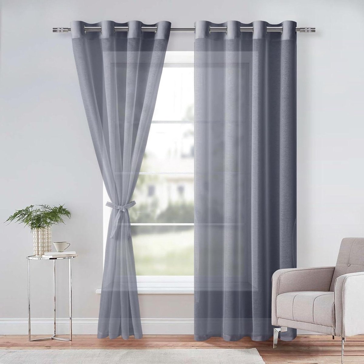 Gordijn met ringen - Vitrage paneel - Woonkamer decoreren - Inclusief bijpassende gordijnstropdassen - 240 x 140 cm - Donkergrijs