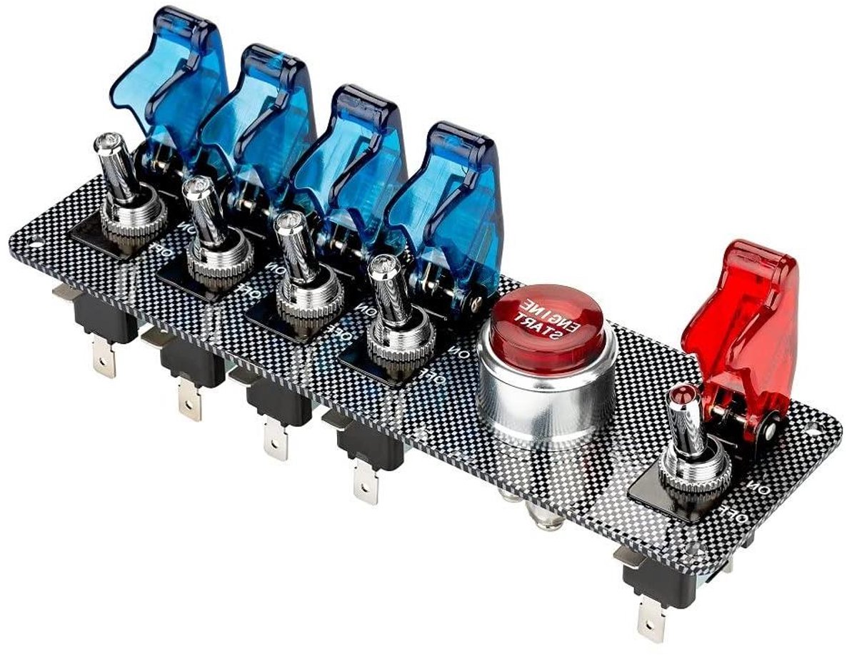 Jtron DC12V openklapbare contactschakelaarpaneel, 5-in-1 auto-motorstart, drukknop-led-tuimelschakelaarpaneel voor racesport wedstrijdauto (4 blauw, 1 rood)