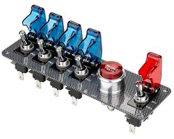 Jtron DC12V openklapbare contactschakelaarpaneel, 5-in-1 auto-motorstart, drukknop-led-tuimelschakelaarpaneel voor racesport wedstrijdauto (4 blauw, 1 rood)