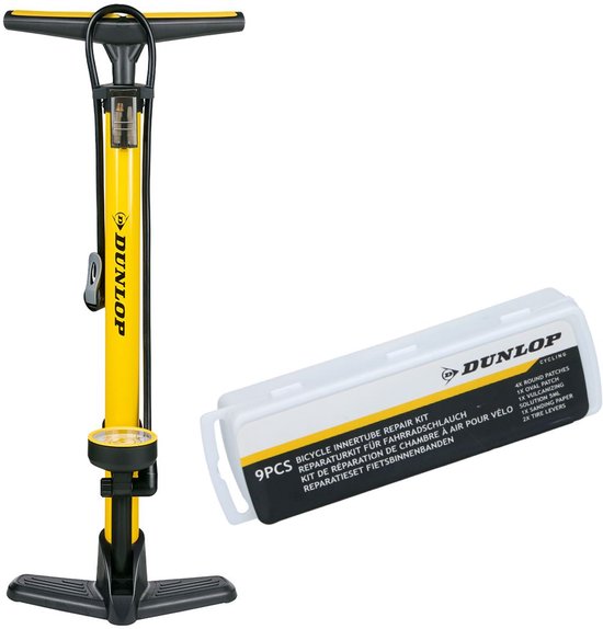 Dunlop Fietspomp met Drukmeter en Fiets Reparatieset 9-delig - Fietsgereedschap met Bandenplakkers en Bandenlichters - Geschikt voor Presta Dunlop Schrader Ventiel - Geel — afbeelding 2