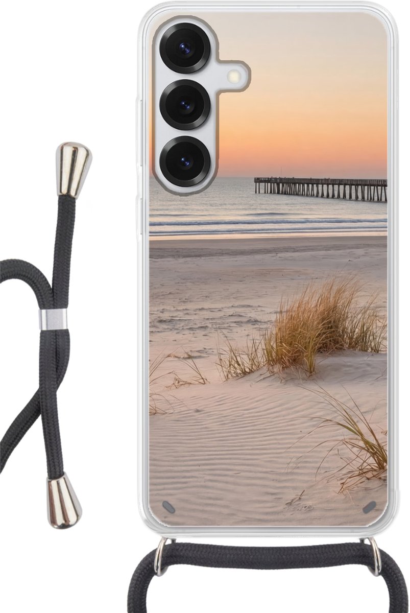 Telefoonhoesje Geschikt voor Samsung Galaxy S25 Plus - Pier - Zonsondergang - Strand - Siliconen - Crossbody - Backcover met Koord - Telefoonhoesje met koord - Hoesje met touw Telefoonhoesje