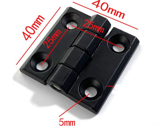 Zwarte scharnier, 40mm x 40mm, met schroefgaten. Afmetingen 40mm, 25mm en 5mm vermeld.