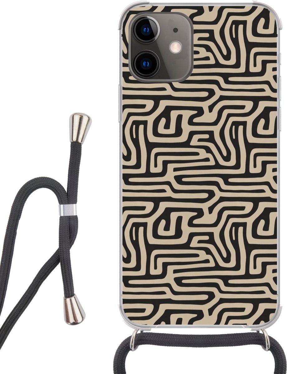 Telefoonhoesje Geschikt voor iPhone 12 - Grafisch - Lijnen - Zwart - Siliconen - Crossbody - Backcover met Koord - Telefoonhoesje met koord - Hoesje met touw Telefoonhoesje