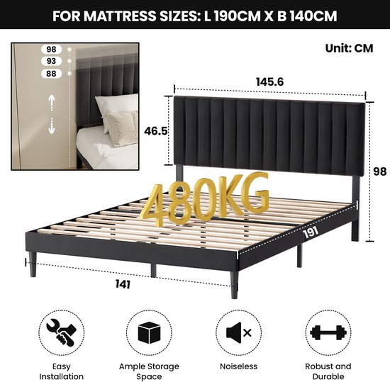 KUTAS Gestoffeerd bed 140x190 cm - Metalen Bedframe Zwart - Tweepersoonsbedden met Lattenbodem - Verstelbaar Hoofdeinde - Opbergruimte Onder Het Bed - Draagkracht 480 kg
