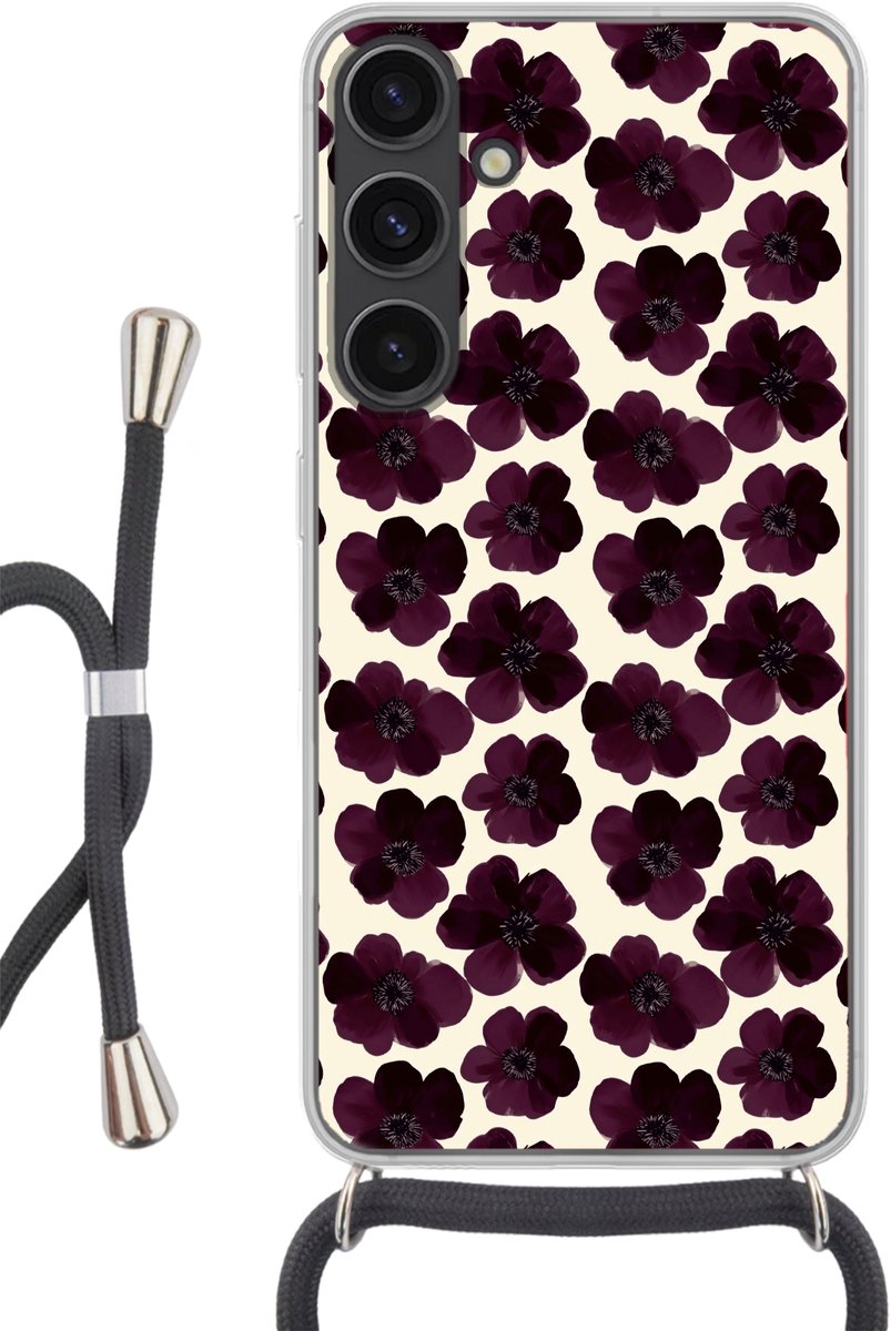 Telefoonhoesje Geschikt voor Samsung Galaxy S24 - Bloemen - Aquarel - Paars - Siliconen - Crossbody - Backcover met Koord - Telefoonhoesje met koord - Hoesje met touw Telefoonhoesje