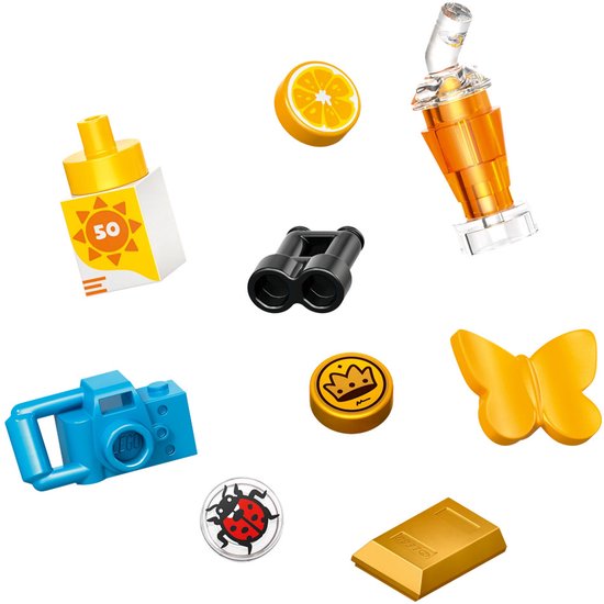 LEGO Friends accessoires: zonnebrand, sinaasappel, beker, verrekijker, camera, goudstaaf, vlinder en muntjes.