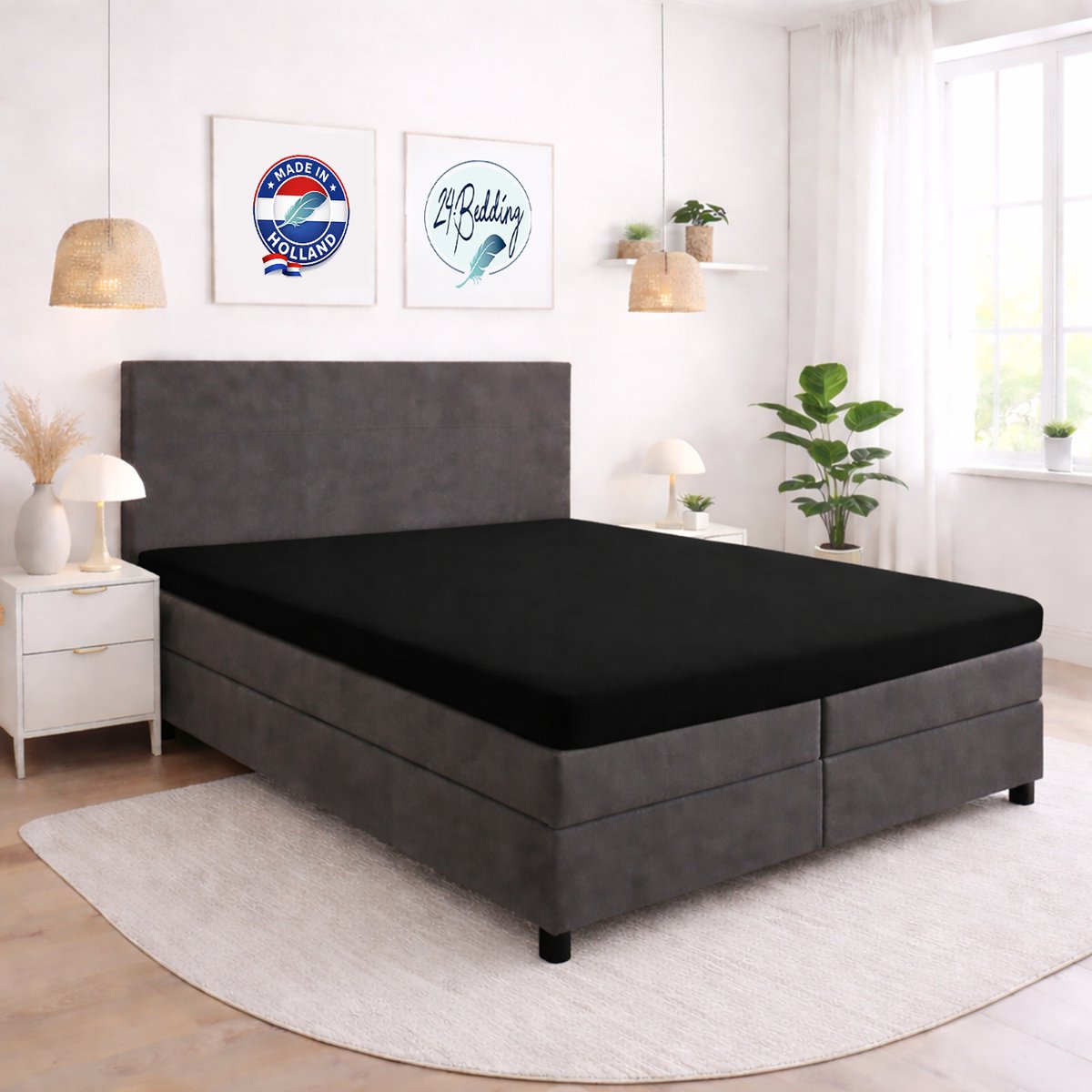 24-Bedding Hoeslaken Topper - 180x220 cm Zwart - Verkoelend 100% Percaline Katoen
