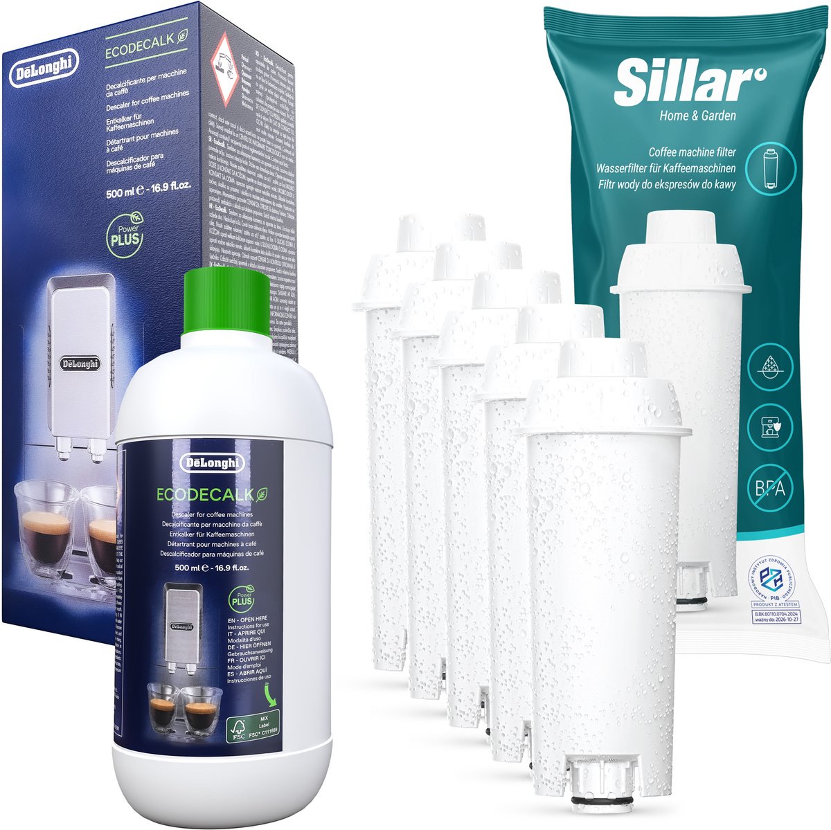 Sillar, 5x waterfilter voor koffiezetapparaten, filterpatroon vervanging voor Delonghi Dinamica Autentica PrimaDonna, compatibel met DLS C002 SER3017 + 1x ontkalker, DeLonghi EcoDacalk 500ml, original, set voor espressomachine