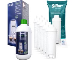 Sillar, 5x waterfilter voor koffiezetapparaten, filterpatroon vervanging voor Delonghi Dinamica Autentica PrimaDonna, compatibel met DLS C002 SER3017 + 1x ontkalker, DeLonghi EcoDacalk 500ml, original, set voor espressomachine
