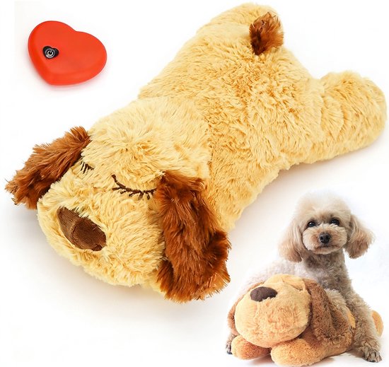 Pluche hondenkussen met een rood hartje, naast een bruin-wit poedel met knuffel.