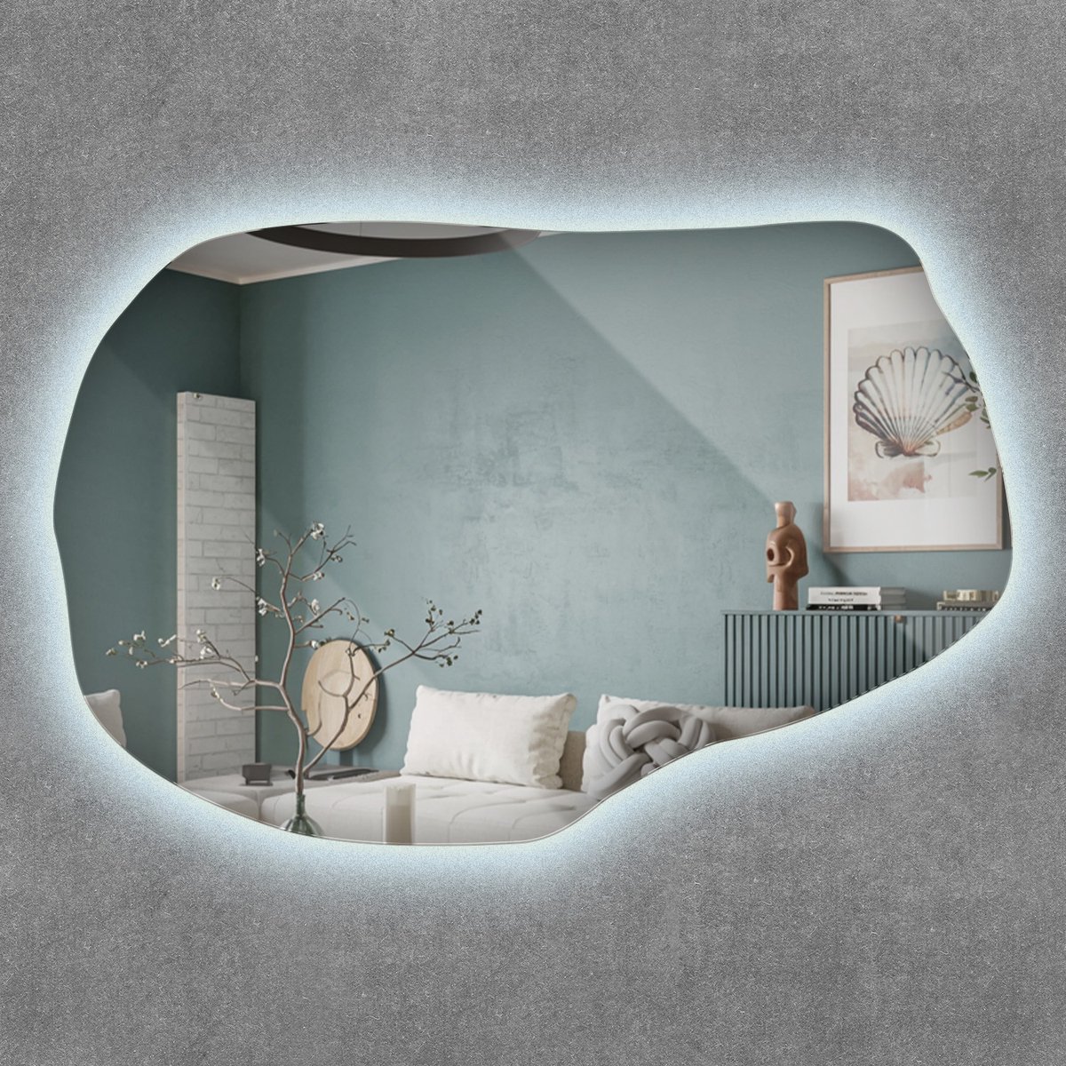 ArtPrintCave LED Spiegel - Asymmetrische LED Spiegel - 90 x 58,5 cm - Slaapkamerspiegel - Badkamerspiegel - Gang - Kleedkamer - Koud licht 6500K - Minimalistische LED Spiegel - Onregelmatige LED Spiegel