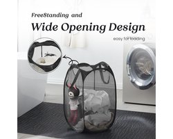 2-stuks Opvouwbare wasmand van gaas - Opvouwbare wasmand - Pop-up wasmand - Kledingmand - Wasmand - Met stevig handvat en zijvakken - 30*30*46 cm - Geschikt voor thuis, studentenkamers, slaapkamers, op reis, enz. - Zwart