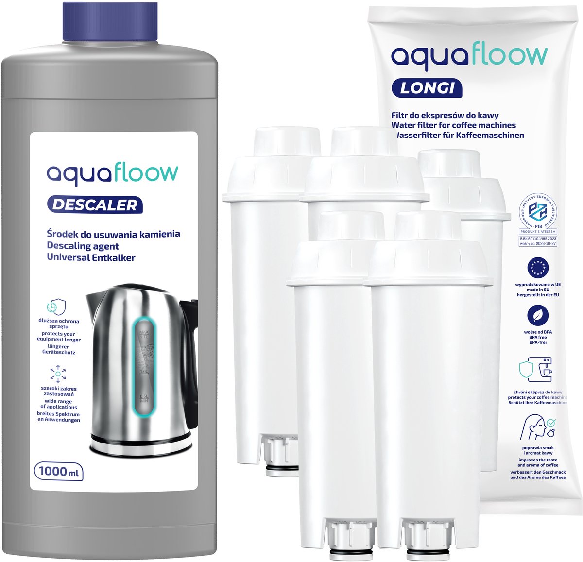 Aquafloow, 4x waterfilter, vervanging voor DeLonghi DLSC002, SER3017 & 5513292811 Koffiezetapparaten, waterfilterpatronen + 1x Ontkalker, AquaFloow, 1l, koffiezetapparaat kit
