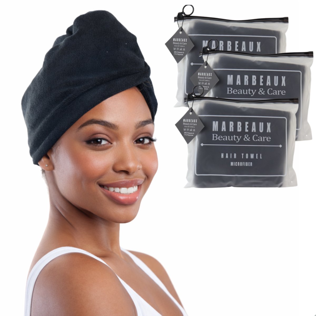 MARBEAUX Haarhanddoek - 3 Stuks - Hair towel - Hoofdhanddoek - Microvezel handdoek krullend haar - Zwart