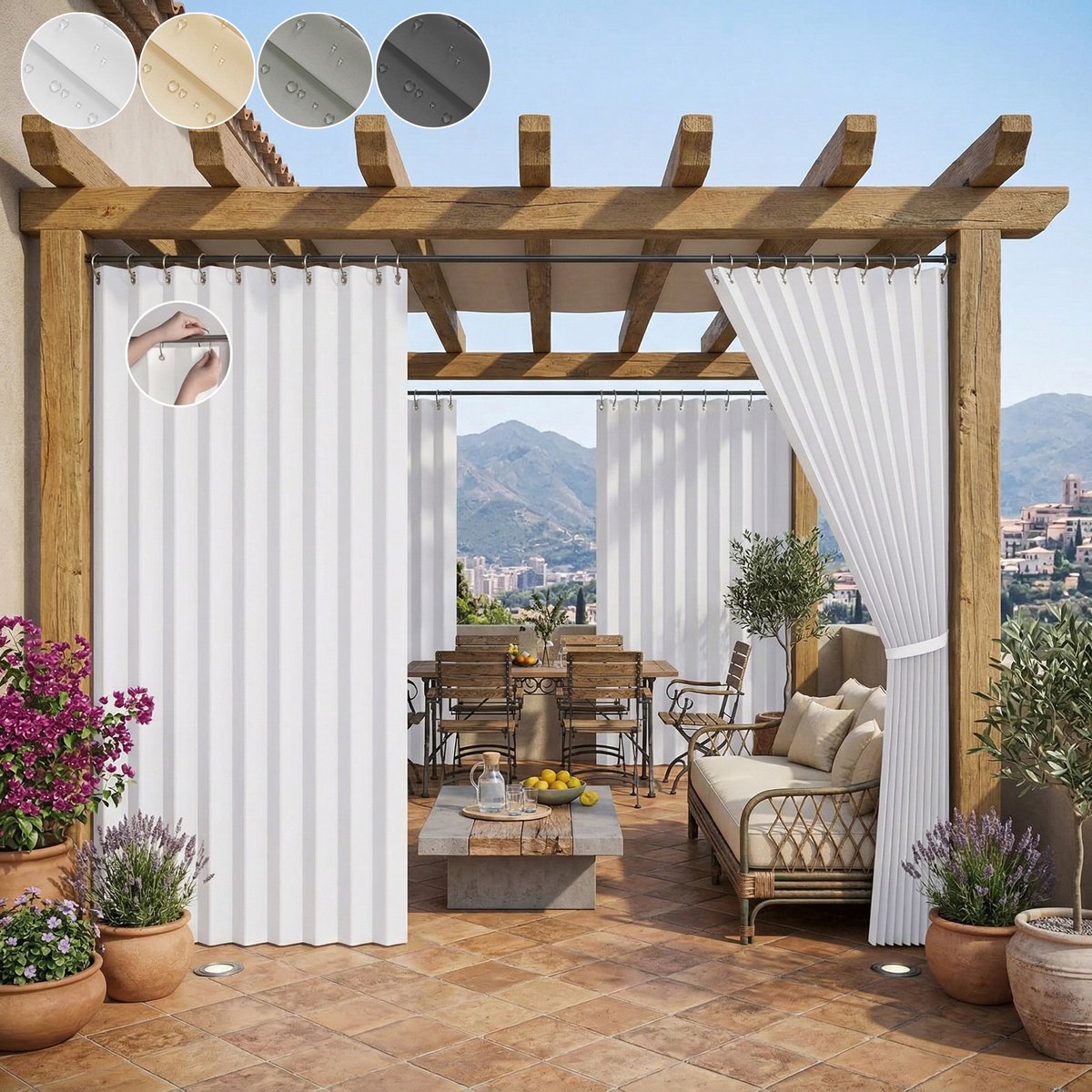 Qelus Anti-Haak Buitengordijn Waterdicht 2 Stuks - Krasbestendig Outdoor Gordijn met Permanente Plooi 140x200 cm - Slijtvast Verduisterend Terrasgordijn voor Tuin & Balkon - Wit Wit - 2 Stuks