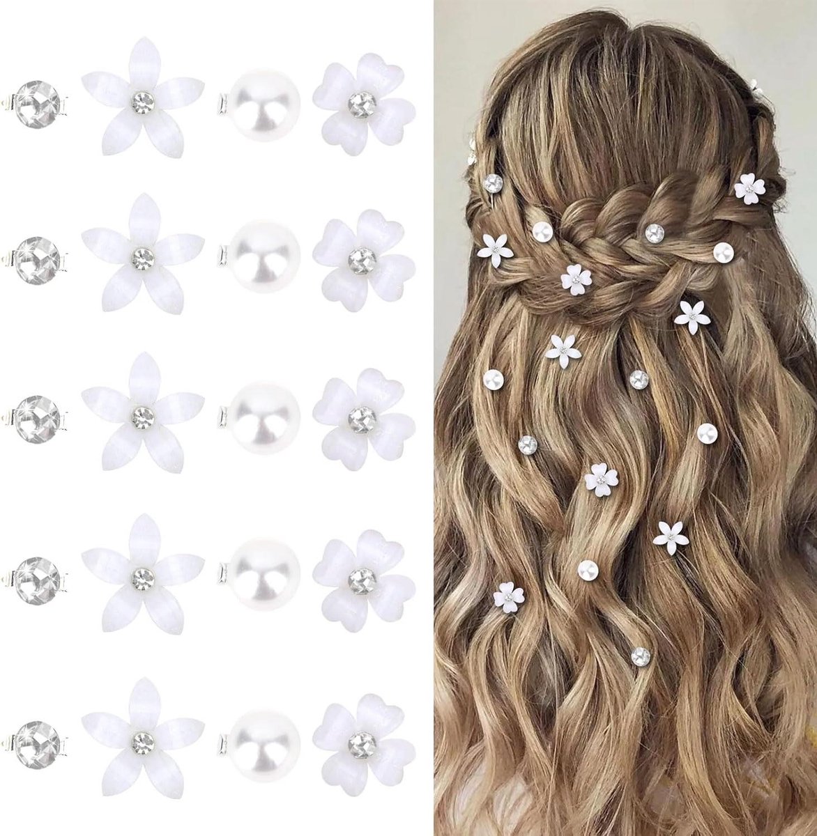 Mini Bloem Haarclips - Parels Strass - Bruiloft Feest - Uniek Design - 20 Stuks - Wit
