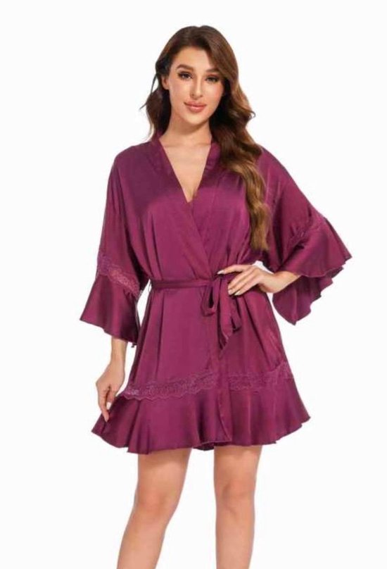 Dames Kimono en Slipdress - Nachtjapon Set- lingeriesetje - 2 delige set L/XL Paars